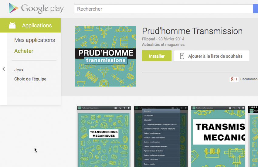 Le catalogue Prud'homme Transmissions sur Android